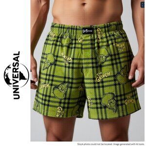 Universal Studios Men’s Medium The Grinch Green Plaid Cotton Boxer Lounge Shorts